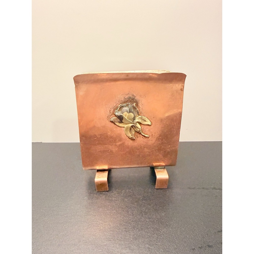 Vintage Solid Copper Napkin Holder Brass Floral Flower Accent Arts Crafts Decor